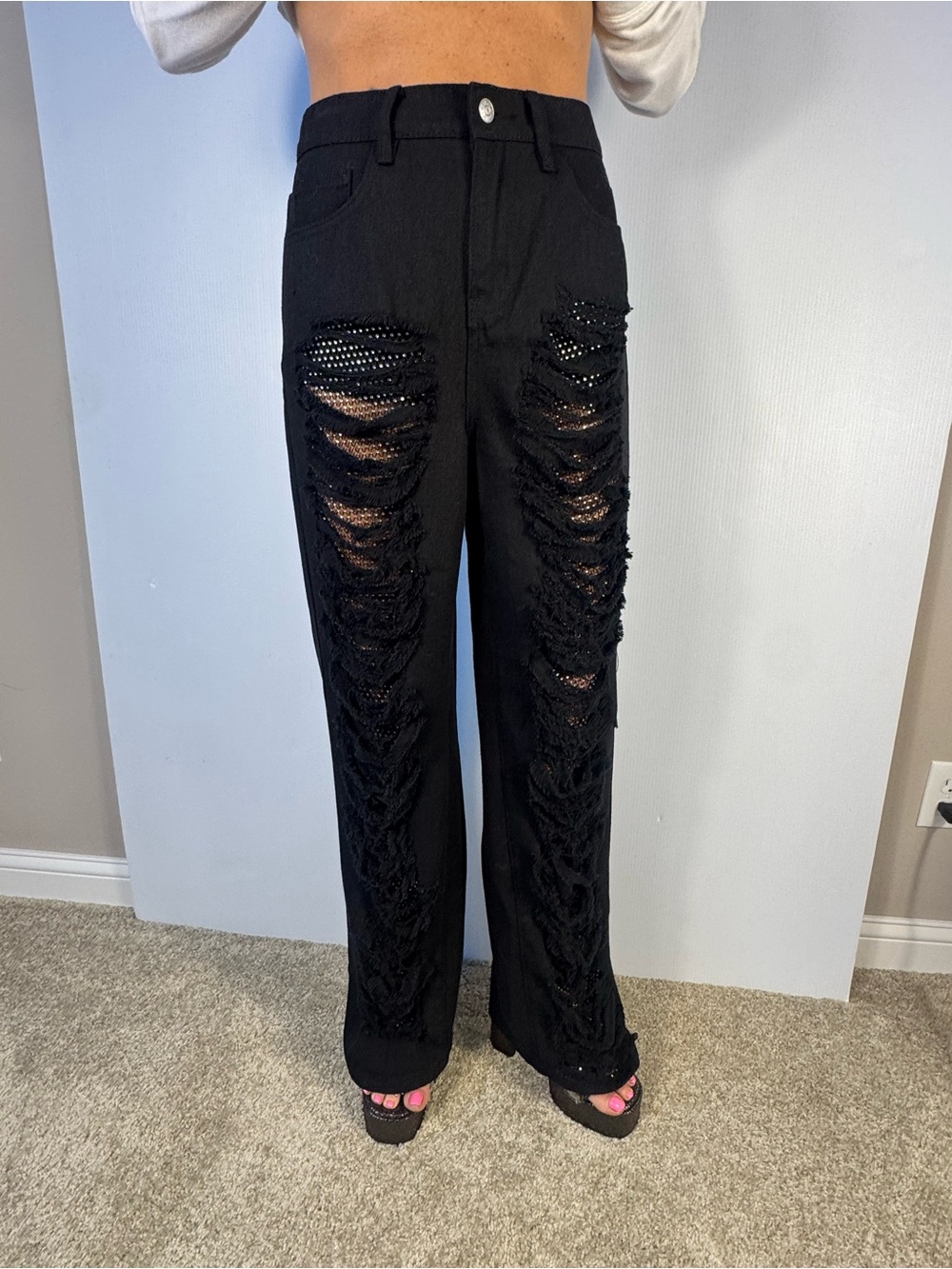NWT Black Distressed Rhinestone Wide-Leg Pants – 30” Inseam - Picture 3 of 6